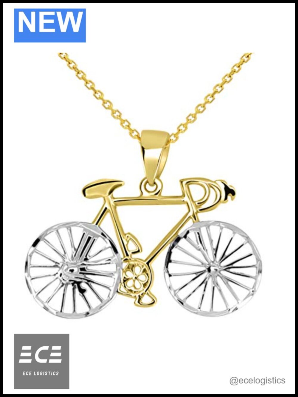 14k Yellow Gold Bicycle Pendant Necklace Textured Wheels 22in